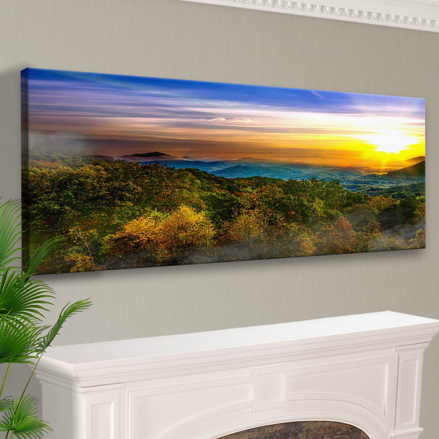 Foggy Mountain At Sunrise Canvas Wall Art