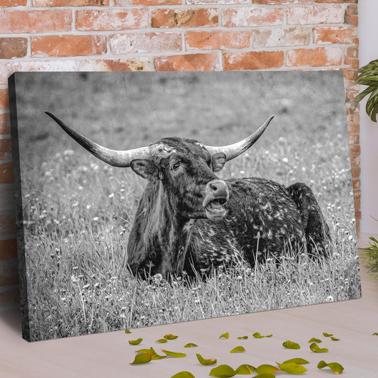 Black And White Longhorn Bull Canvas Wall Art