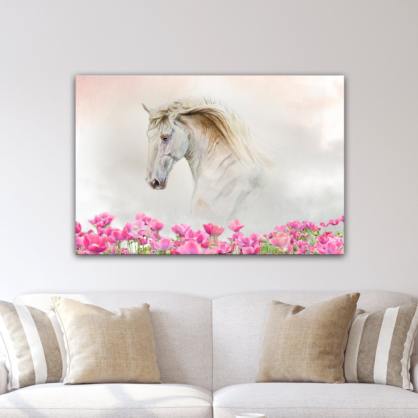 Floral White Horse Canvas Wall Art