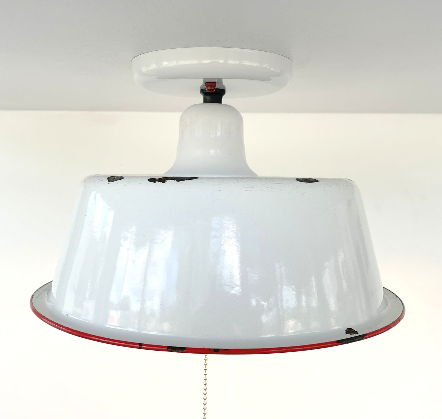 Antique FARMHOUSE WHITE ENAMEL Pan Ceiling Light