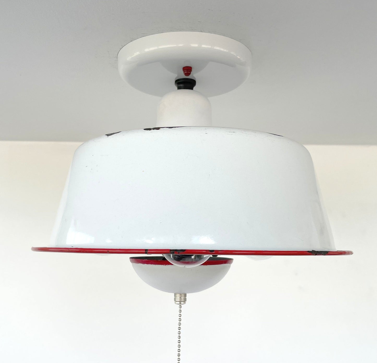 Antique FARMHOUSE WHITE ENAMEL Pan Ceiling Light