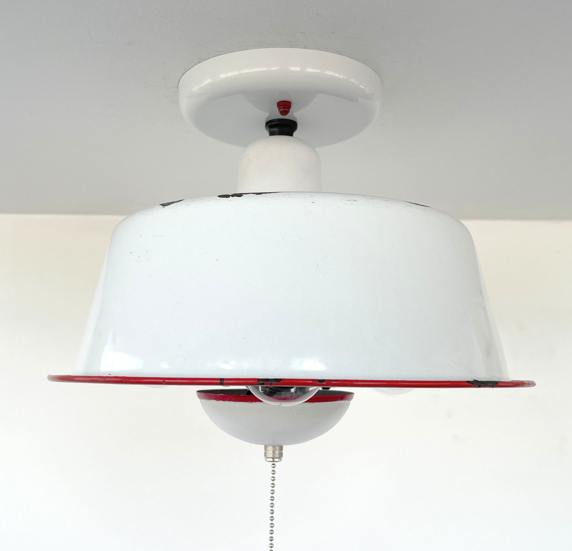 Antique FARMHOUSE WHITE ENAMEL Pan Ceiling Light