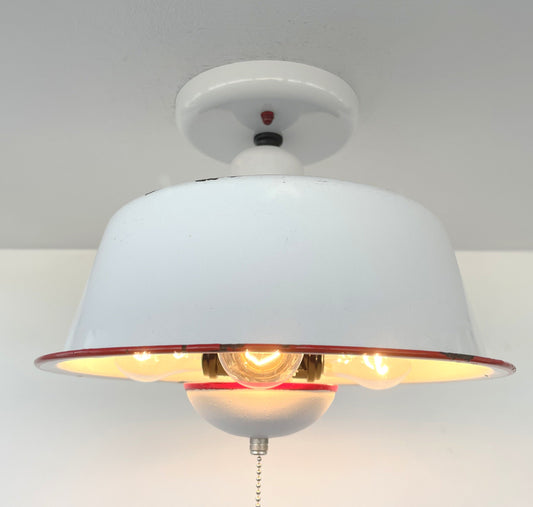 Antique FARMHOUSE WHITE ENAMEL Pan Ceiling Light