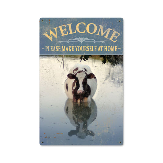 Welcome Cow, Home and Garden, Metal Sign, 18 X 12 Inches