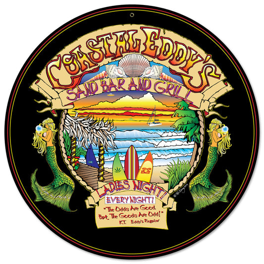 Coastal Eddys, Bar and Alcohol, Round Metal Sign, 14 X 14 Inches