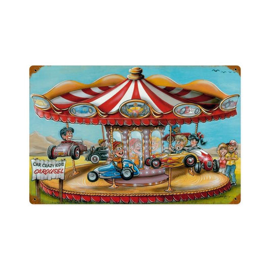 Crazy Kids Carousel, Automotive, Vintage Metal Sign, 18 X 12 Inches