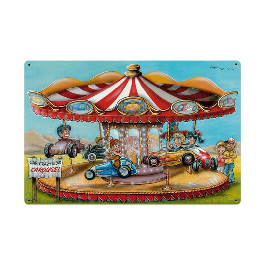 Crazy Kids Carousel, Automotive, Vintage Metal Sign, 36 X 24 Inches