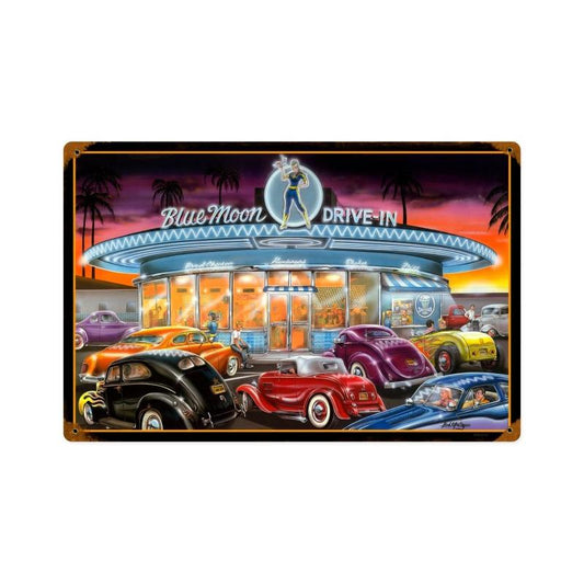 Blue Moon Drive In, Automotive, Vintage Metal Sign, 18 X 12 Inches