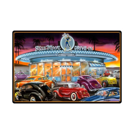 Blue Moon Drive In, Automotive, Metal Sign, 36 X 24 Inches