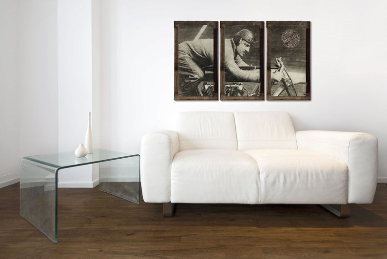 Board Track Racer, Vintage Motorcycle, METAL, Triptych, 3 Panel, On American Steel, Optional Barn Wood Frame, Wall Decor, Wall Art, 54"x36"