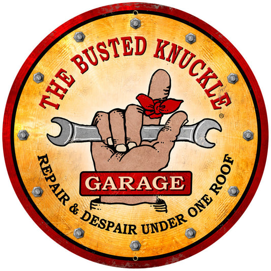 Busted Knuckle Garage, Automotive, Round Metal Sign, 28 X 28 Inches