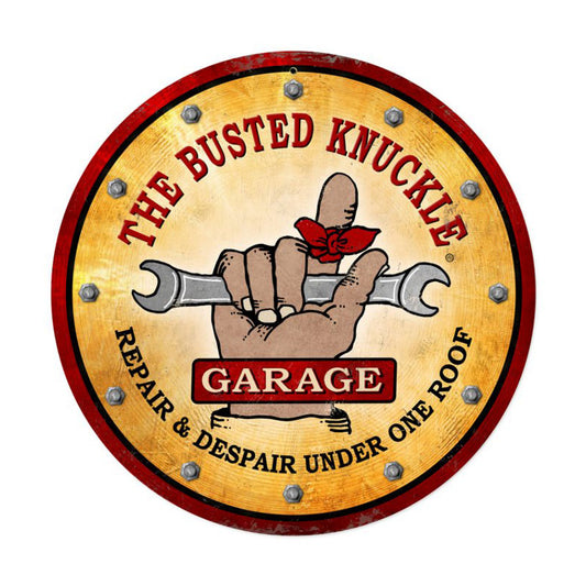 Busted Knuckle Garage, Automotive, Round Metal Sign, 14 X 14 Inches