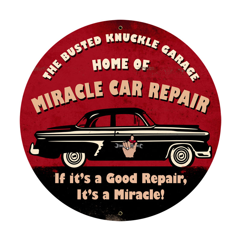Miracle Car Repair, Automotive, Round Metal Sign, 28 X 28 Inches