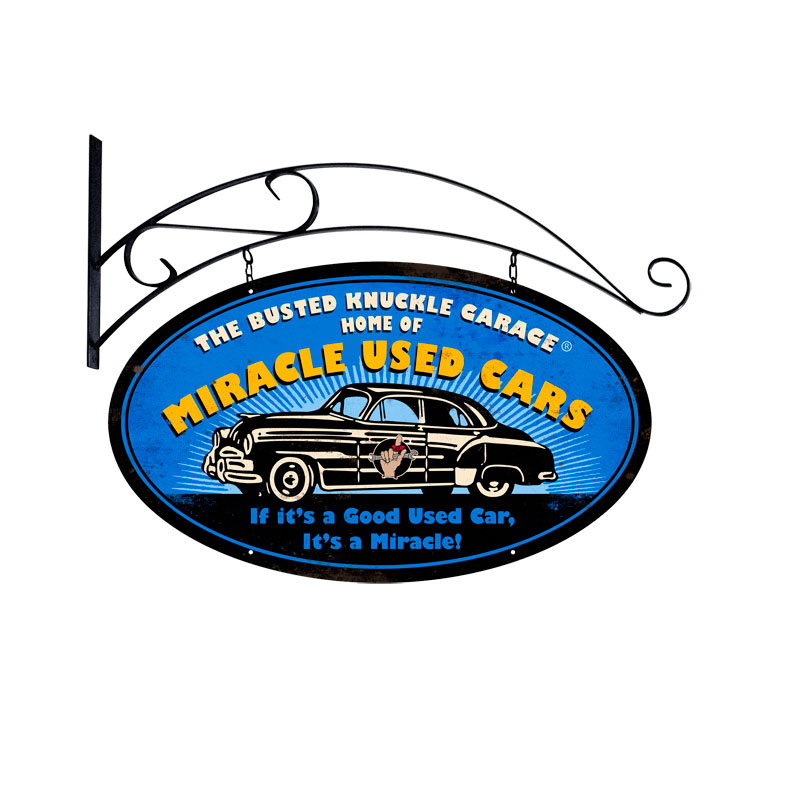 Miracle Used Cars, Automotive, Double Sided Oval Metal Sign with Wall Mount, 24 X 14 Inches