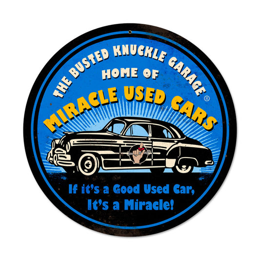Miracle Used Cars, Automotive, Round Metal Sign, 14 X 14 Inches