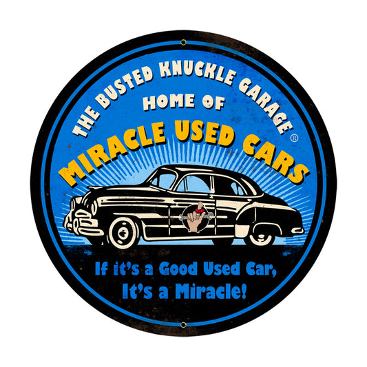 Miracle Used Cars, Automotive, Round Metal Sign, 28 X 28 Inches