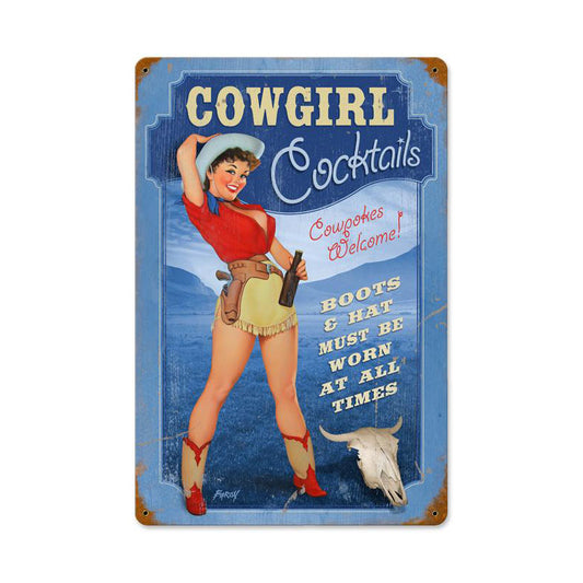 Cowgirl Cocktails, Pinup Girls, Vintage Metal Sign, 18 X 12 Inches