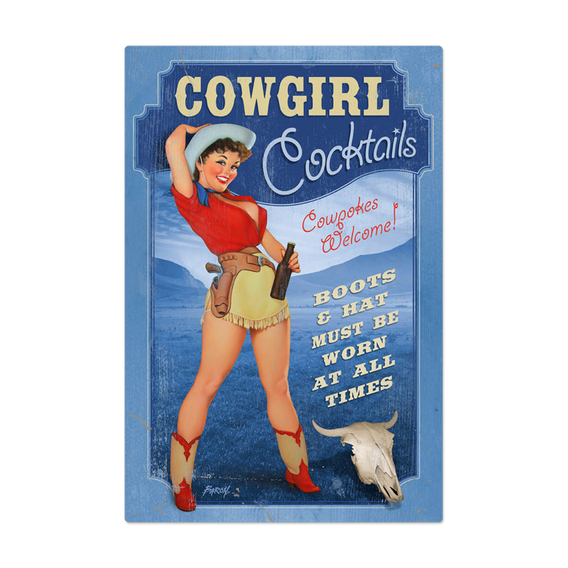 Cowgirl Cocktails, Pinup Girls, Metal Sign, 36 X 24 Inches