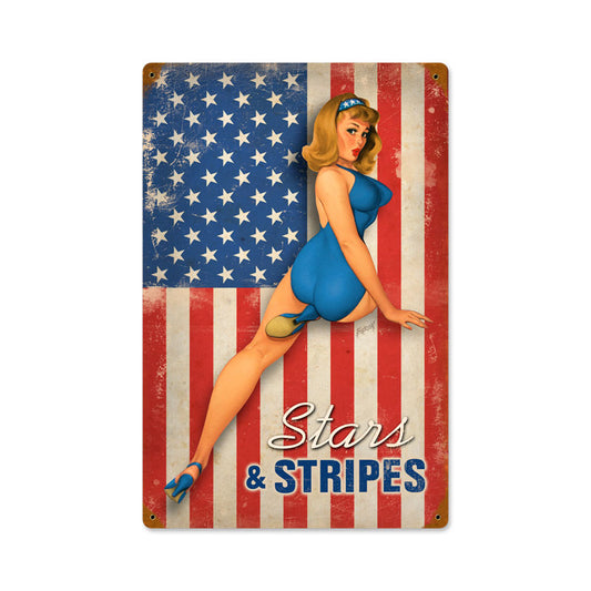 Stars and Stripes, Pinup Girls, Vintage Metal Sign, 12 X 18 Inches