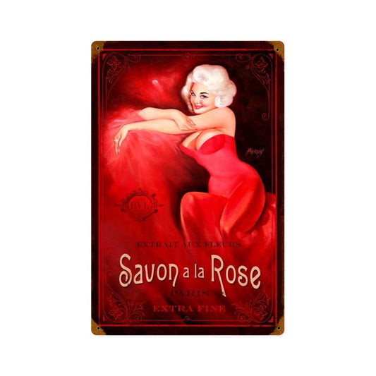 Savon Rose, Pinup Girls, Vintage Metal Sign, 12 X 18 Inches