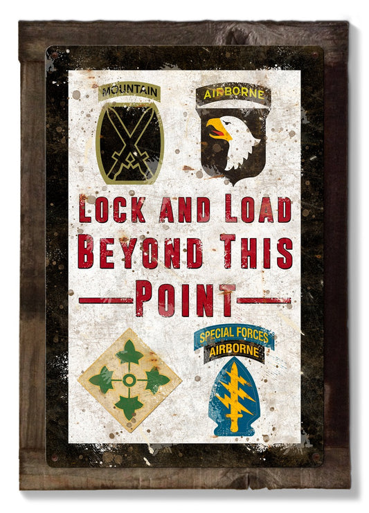 Lock and Load Beyond This Point, Military Armed Forces Wall Art, Metal Sign, Optional Wood Frame