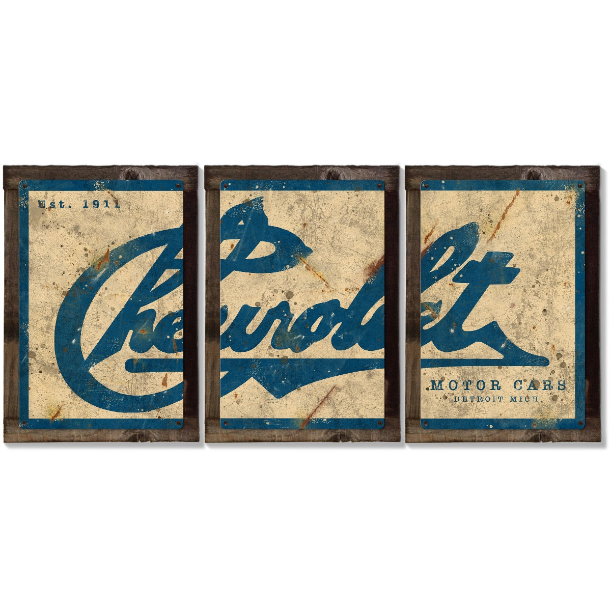 Chevrolet Wall Art, Triptych METAL Sign, Optional Barn Wood Style Frame