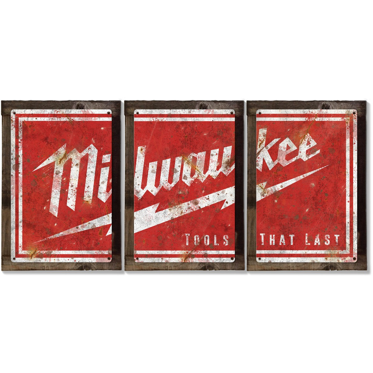 Milwaukee  Tools Wall Art, Triptych METAL Sign, Optional Reclaimed Barn Wood Frame