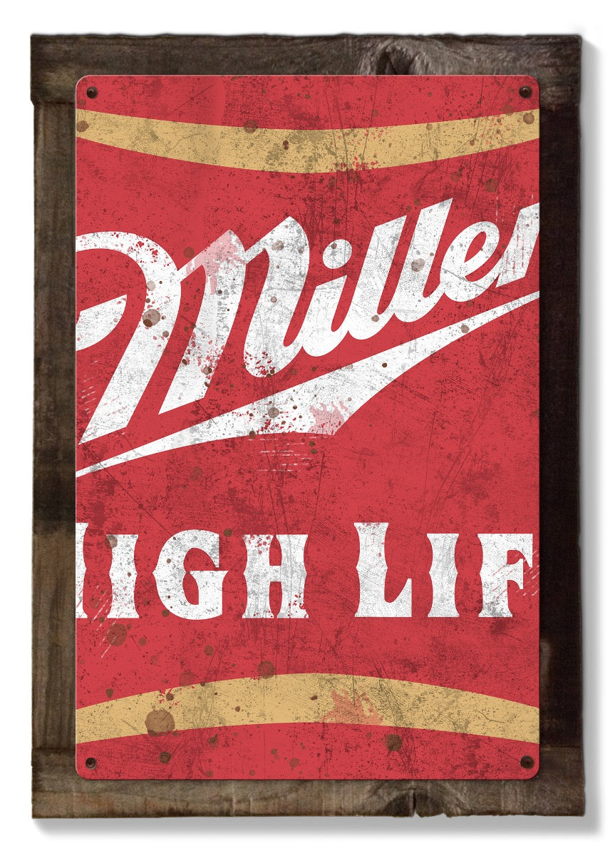 Beer Miller High Life Wall Art, Triptych METAL Sign, Optional Reclaimed Barn Wood Frame