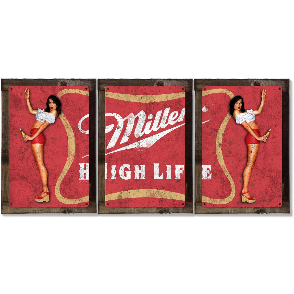 Beer Miller High Life Wall Art, Triptych METAL Sign, Optional Reclaimed Barn Wood Frame