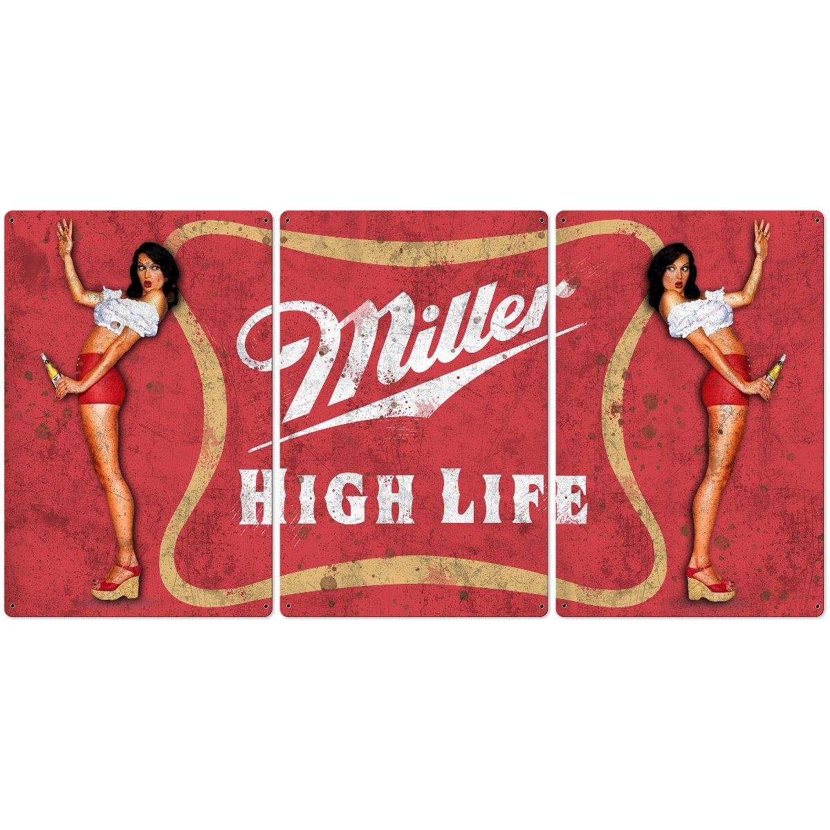 Beer Miller High Life Wall Art, Triptych METAL Sign, Optional Reclaimed Barn Wood Frame