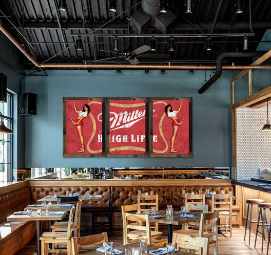 Beer Miller High Life Wall Art, Triptych METAL Sign, Optional Reclaimed Barn Wood Frame