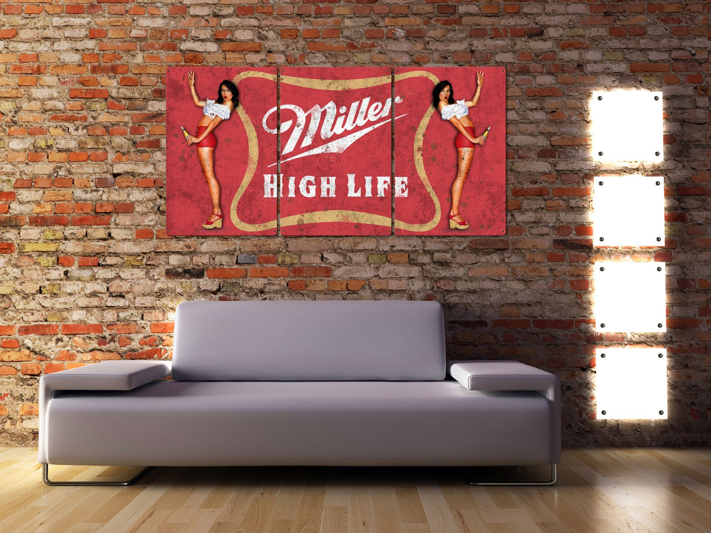 Beer Miller High Life Wall Art, Triptych METAL Sign, Optional Reclaimed Barn Wood Frame