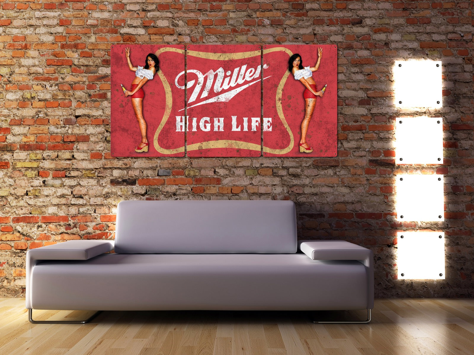 Beer Miller High Life Wall Art, Triptych METAL Sign, Optional Reclaimed Barn Wood Frame