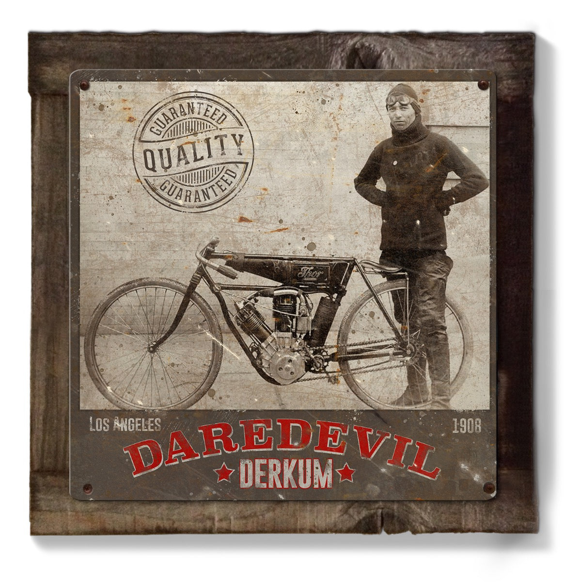 Daredevil Derkum, Motorcycles Wall Art, Metal Sign, Optional Wood Frame