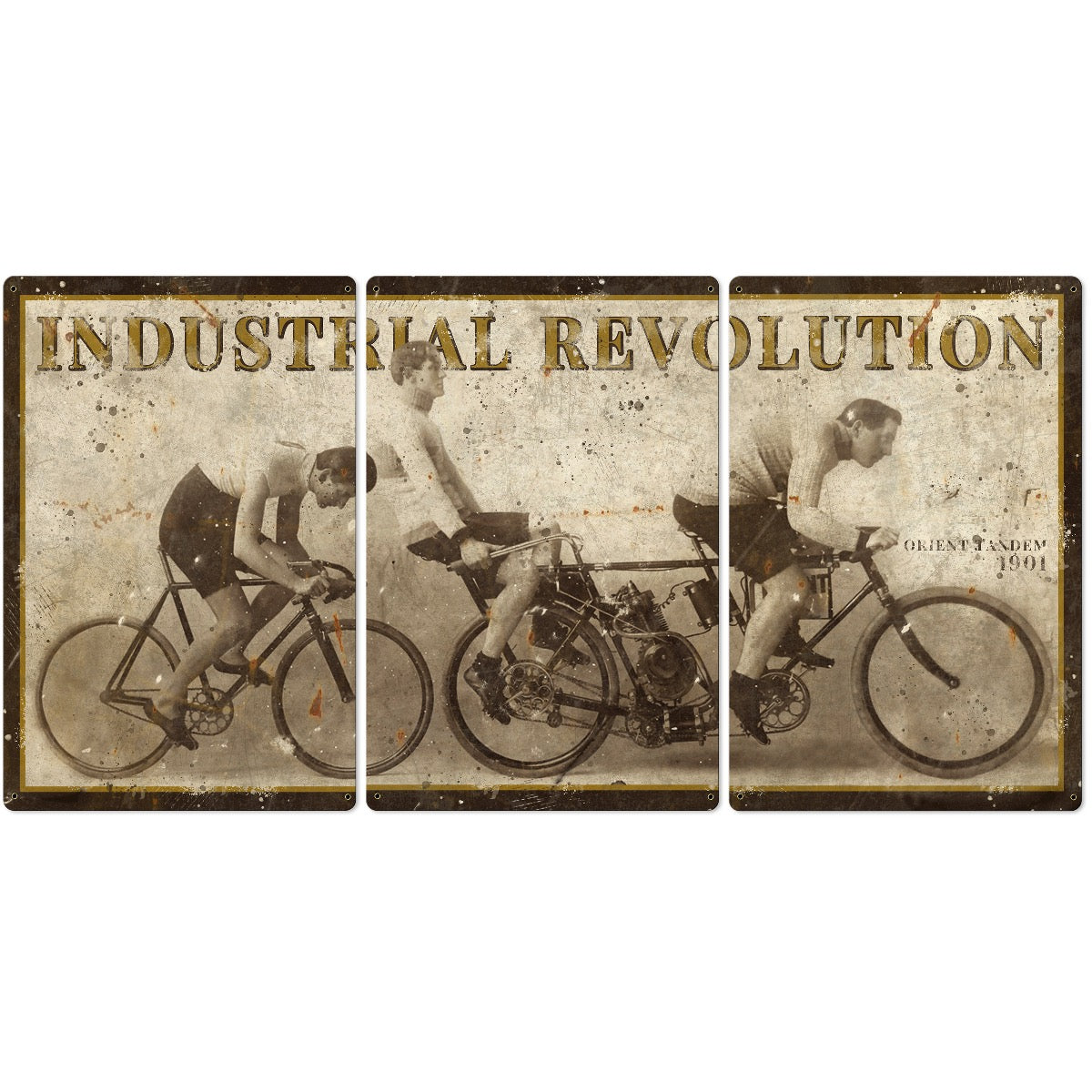 Industrial Revolution Wall Art, Orient Tandem Motorcycle, Triptych METAL Sign