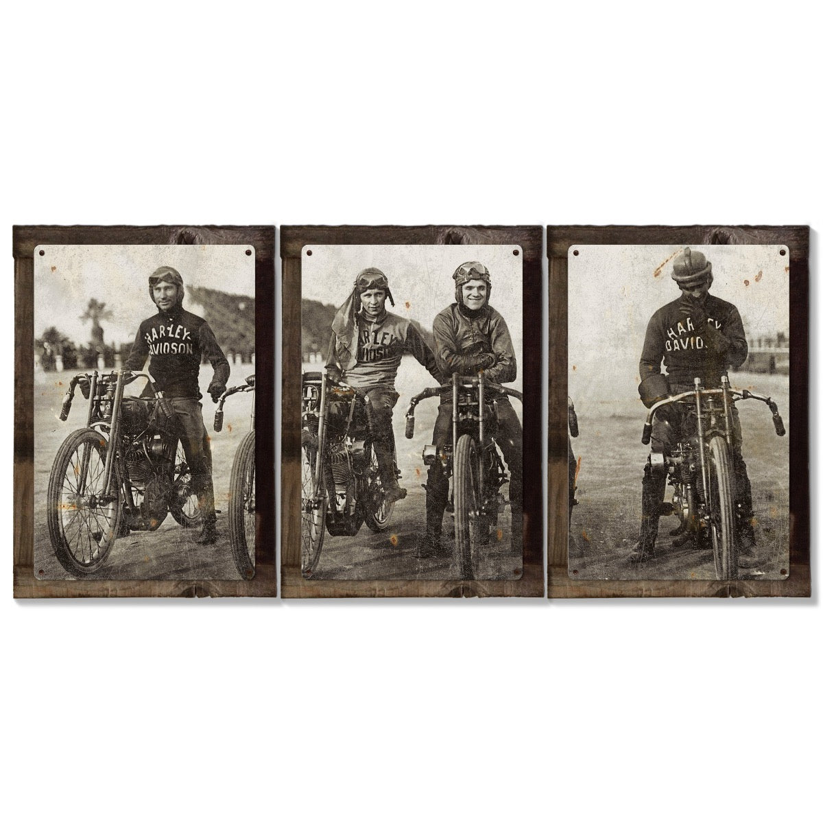 Harley Davidson Wall Art, Wrecking Crew, Vintage Photo, Triptych METAL Sign, Optional Reclaimed Barn Wood Frame
