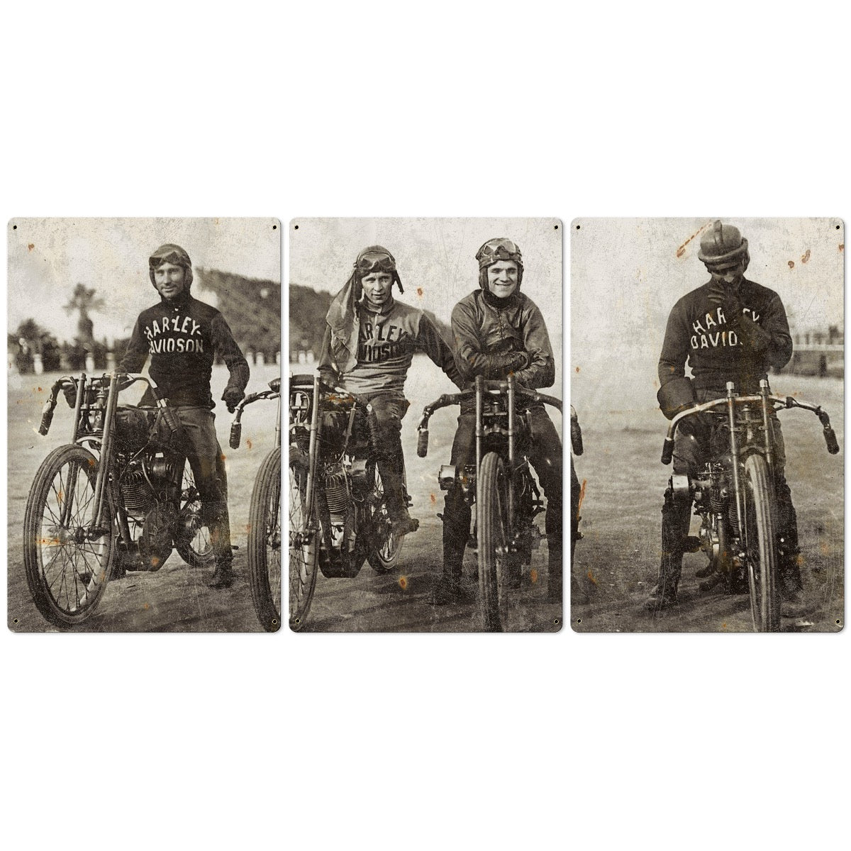 Harley Davidson Wall Art, Wrecking Crew, Vintage Photo, Triptych METAL Sign, Optional Reclaimed Barn Wood Frame