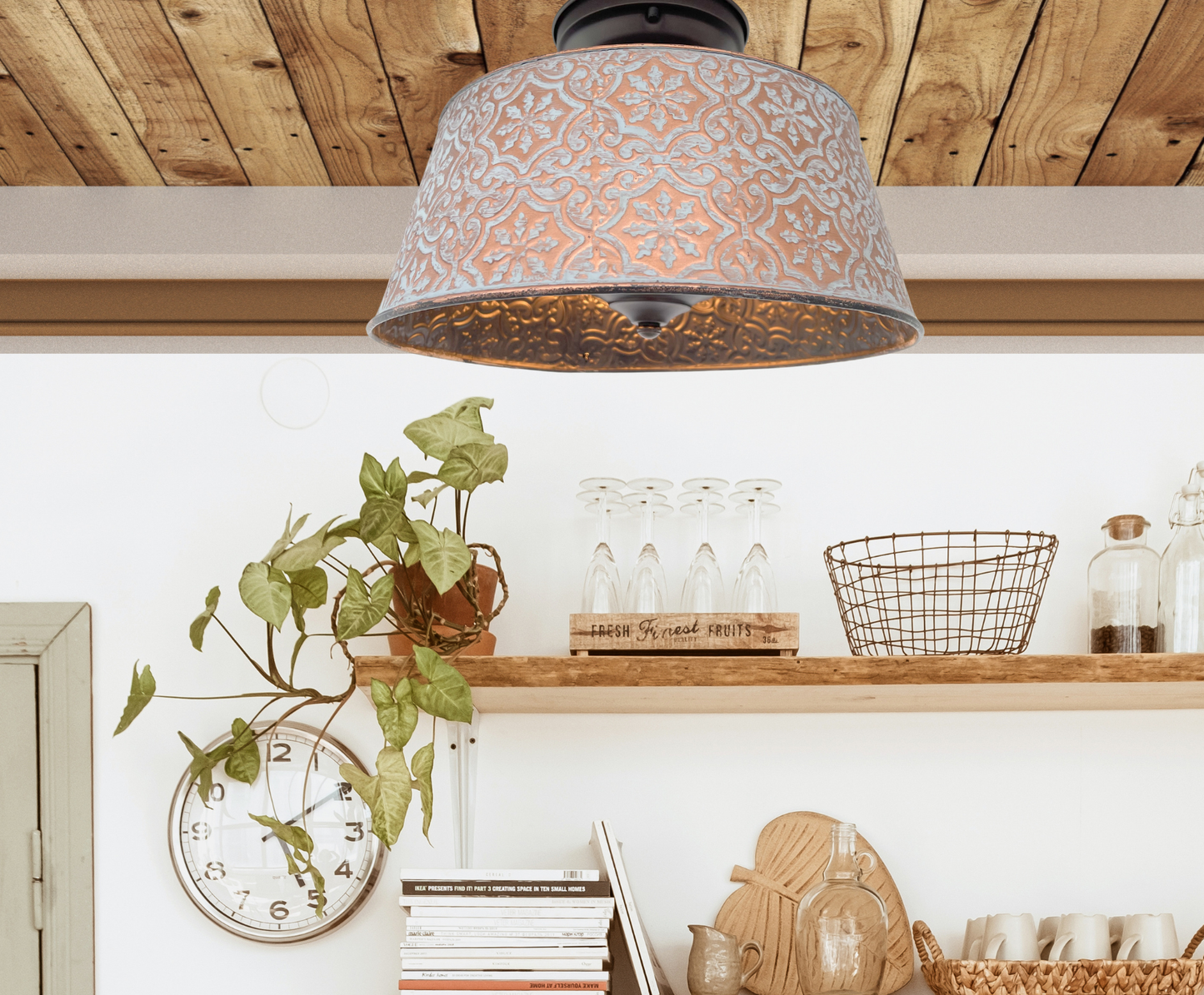 Ornate Copper Farmhouse Ceiling Light - 4 Bulb
