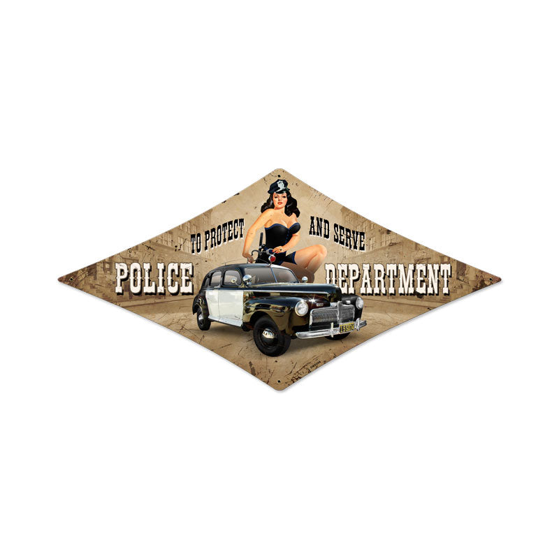 Police Department, Pinup Girls, Diamond Metal Sign, 14 X 24 Inches