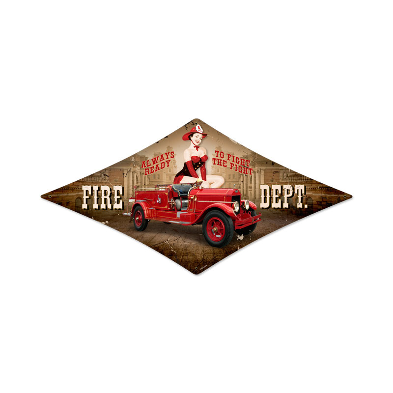Fire Department, Pinup Girls, Diamond Metal Sign, 14 X 24 Inches
