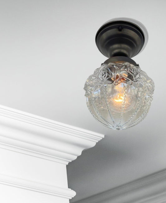 Embossed Flush Mount Globe Antique Ceiling Light Glass