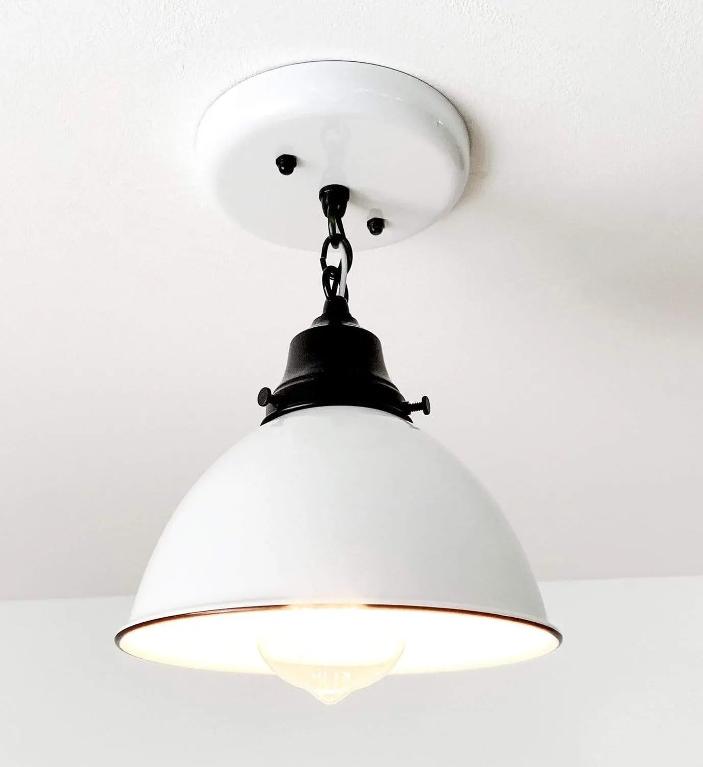 White Enamel Farmhouse Ceiling Light with Chain