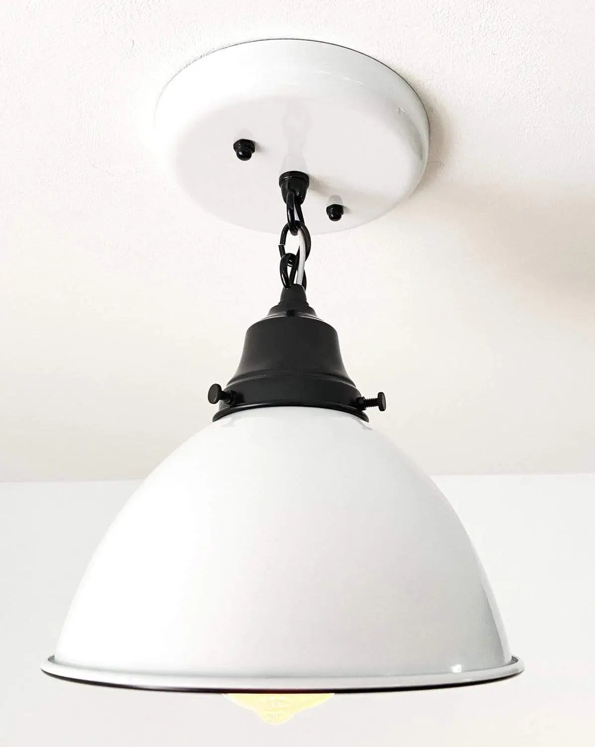 White Enamel Farmhouse Ceiling Light with Chain