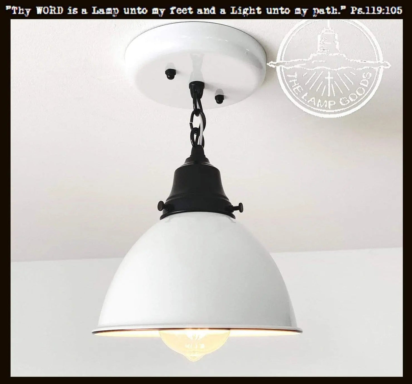 White Enamel Farmhouse Ceiling Light with Chain