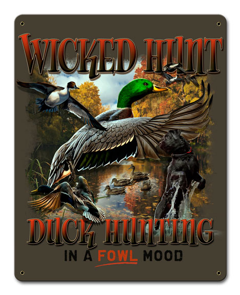 Duck Hunter Brown Background, Licensed Products/Erazorbits, Satin Metal Sign, 12 X 15 Inches
