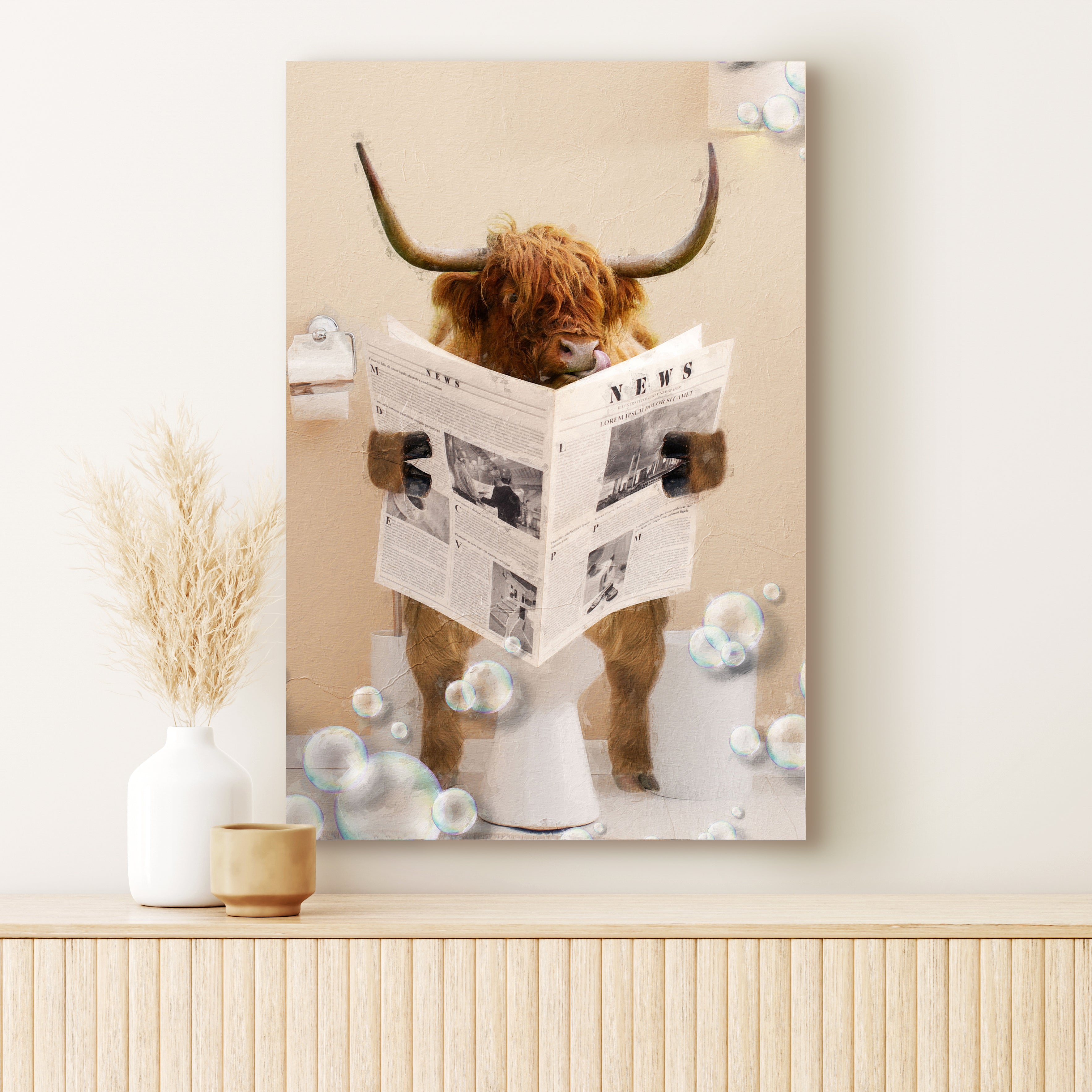 Highland Cow Reading Newspaper Canvas Wall Art – Metal Sign Barn