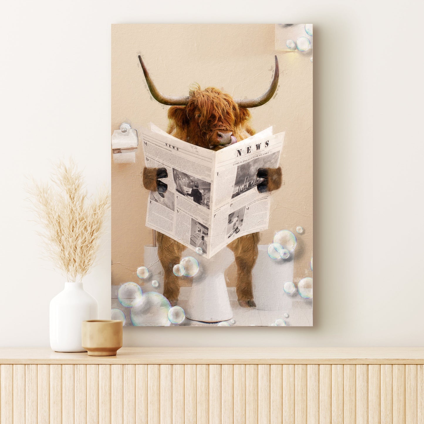 Highland Cow Reading Newspaper Canvas Wall Art