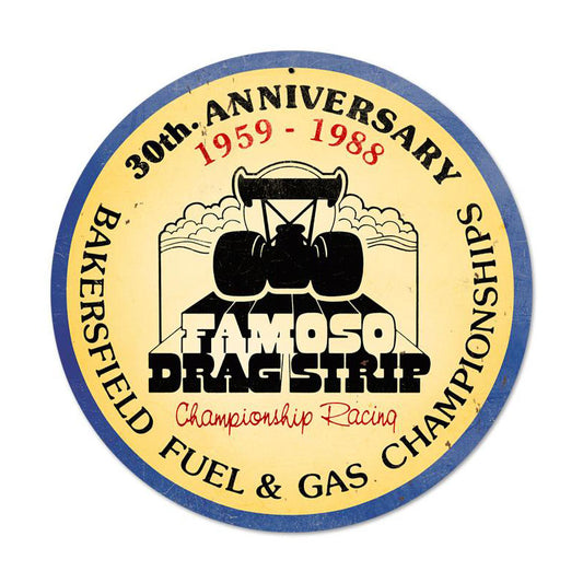 FAMOSO 30th, Automotive, Round Metal Sign, 14 X 14 Inches