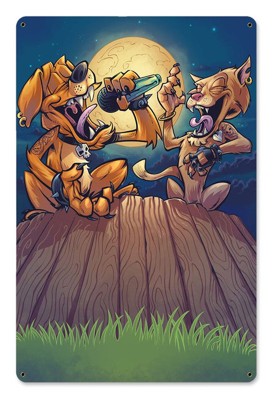 DOG N CAT ON FENCE, Licensed Products/Flyland Designs by Brian Allen, SATIN METAL SIGN , 18 X 12 Inches