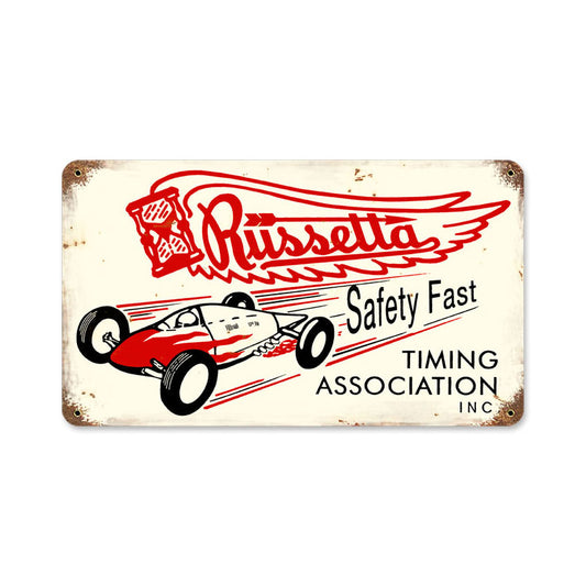 Russetta Timing, Automotive, Vintage Metal Sign, 14 X 8 Inches